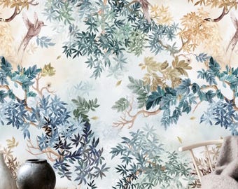 Vintage Chinoiserie Bird Wallpaper, Blue Green Botanical Wall Mural, Watercolor Tree Branch, Peel and Stick Removable Wallpaper