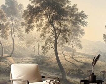 Vintage Landscape Wall Mural, Removable Peel and Stick Prepasted Wallpaper, Serene Japandi Decor, Neutral Beige Forest Wallpaper Living Room