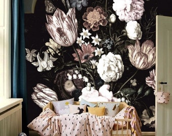 Vintage Floral Wallpaper Nursery Peel and Stick, Wallpaper Floral Removable Floral Wallpaper Mural, Big Flower Dark Floral Wallpaper #125