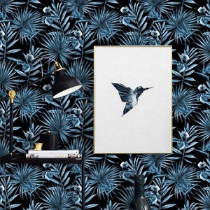 Blue Palm Leaf Wallpaper, Peel and Stick Wallpaper Blue, Palm Wallpaper Black, Tropical Wallpaper Black, Botanical Wallpaper Dark Blue 102 image 2