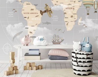 Cartoon World Map Nursery Wallpaper Mural Kids Map Removable Wallpaper Peel and Stick Nursery Boy Animals of World Wall Mural Wallpaper #175