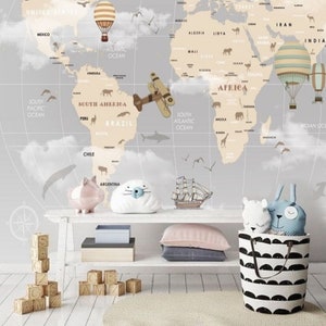 Papier peint mural carte du monde pour chambre d'enfant, carte des enfants, papier peint amovible, papier peint mural pour chambre d'enfant, animaux du monde, dessin animé #175
