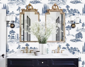 Blue French Toile de Jouy Wallpaper, Removable Peel and Stick Prepasted, French Country Toile Decor, Vintage Toile Wallpaper for Bathroom