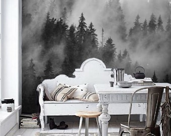 Misty Forest Black and White Wallpaper Mural, Removable Peel and Stick Prepasted, Natural Decor, Dark Woods Wallpaper for Cozy Reading Nook