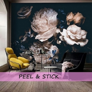 Peel and Stick Wallpaper Floral, Large Floral Wallpaper, Dark Floral Wallpaper Mural, Floral Mural Removable Peony Wall Paper Removable #132