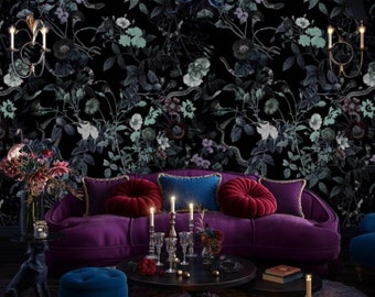 Gothic Floral Wallpaper Blue Purple, Removable Peel and Stick Prepasted, Dark Academia Decor, Moody Black Botanical Wallpaper for Bathroom
