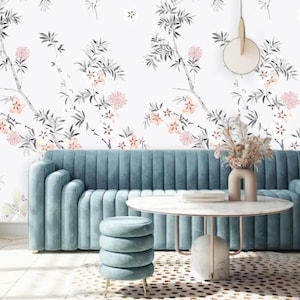 Carta da parati murale moderna con rami e fiori in stile chinoiserie per un soggiorno elegante, carta da staccare e attaccare, decorazione murale adatta agli appartamenti