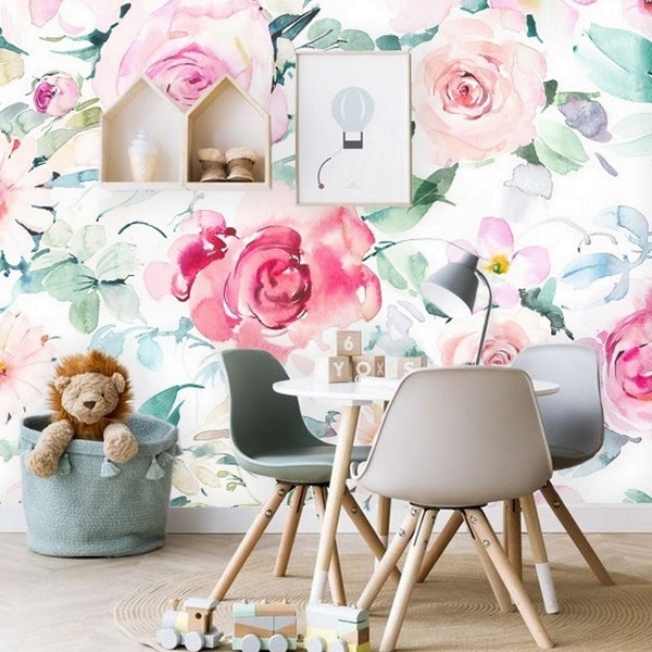 Toddler Wallpaper Girl, Peel and Stick Wallpaper Floral Girl Nursery Wallpaper, Daisy Flower Wallpaper Pastel Pink Roses Wallpaper Mural 149