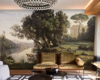 Moody Landscape Wallpaper Vintage Mural, Peel and Stick or Traditional, Scenic Wall Decor, Clearance Wallpaper