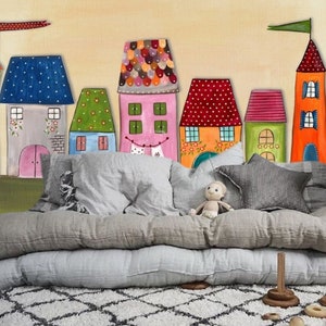 Vibrant Houses Children's Room Wall Mural, Kids Colorful Wallpaper, Whimsical Nursery Decor, Playful Wall Art, Watercolor Peel and Stick #3