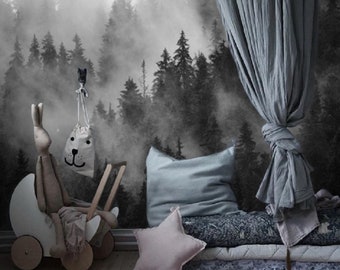 Black and White Forest Wallpaper Mural, Peel and Stick Misty Forest Wallpaper Removable, Foggy Forest Wallpaper in size 150" wide x 96" high