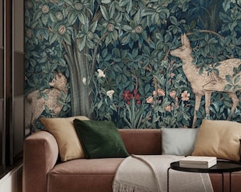 William Morris Wallpaper, Whimsical Forest Wallpaper, Woodland Removable Wallpaper, Deer Wall Mural Wallpaper, Greenery Nursery Decor #226