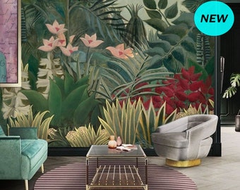 Tropical Jungle Garden inspired by Rousseau Wallpaper Peel and Stick Green Tropical Exotic Flowers and Plants Removable Wallpaper Mural #165