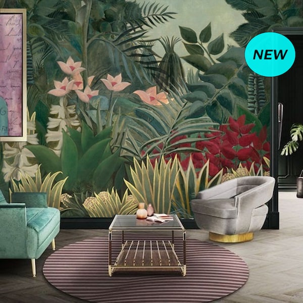 Tropical Jungle Garden inspired by Rousseau Wallpaper Peel and Stick Green Tropical Exotic Flowers and Plants Removable Wallpaper Mural #165