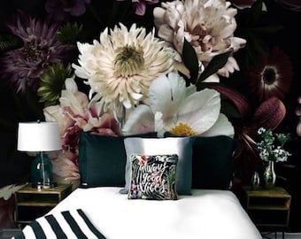 Papel tapiz de flores rosas y moradas, mural oscuro, extraíble, despegable y pegable, decoración funeraria, papel tapiz gótico con ramo de melancolía para pared focal.