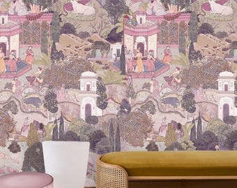 Lush Gardens of Jaipur Wallpaper Light Pink, Removable Peel and Stick Prepasted, Indian Inspired Decor, Asian Themed Wallpaper Powder Room
