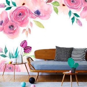 Peel n Stick Wall Paper, Vintage Rose Wallpaper, Nursery Blush Floral Wallpaper, Pink Watercolor Wallpaper, Moody Flower Wallpaper #100