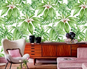 Bright Tropical Mural Wallpaper, Greenery Boho Palm Leaves Wall Paper, Hand Drawn Leaves Wallpaper, Large Scale Botanical Wallpaper #117