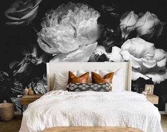 Pivoine papier peint noir et blanc papier peint murale peler et coller Floral Wall Art noir et blanc papier peint Floral grand fond d’écran Floral foncé