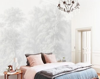 French Countryside Landscape Wallpaper, Vintage Scenic Mural, Tree Forest Wallpaper Peel and Stick Modern Feature Wall in Soft Tones of Grey