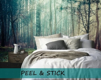 Whimsical Spring Forest Wallpaper with Blue Trees, Gothic Dark Woods Wall Mural, Peel and Stick Nature Wallpaper, Moody Mystic, Boho Vibe