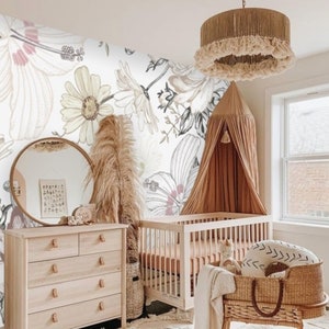 Papier peint floral bohème vintage, décoration murale fleurs sauvages printanières, autocollant pour chambre de petite fille dans des tons naturels chauds, ambiance cosy
