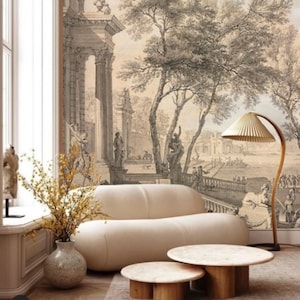 Antique Landscape Wallpaper Mural, Removable Peel and Stick Prepasted, Ancient Rome Decor, Vintage Harbor Scene Wallpaper for Home Library