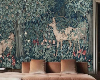 Mystical Forest Deer Fox Wallpaper, Removable Peel and Stick Prepasted, Victorian Cottage Decor, William Morris Tapestry Wallpaper Vintage