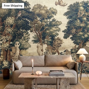 Arazzo murale in stile Aubusson vintage francese, carta da parati con paesaggio in legno con uccelli, alberi e fontana, arazzo antico fiammingo