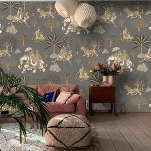 Mughal Garten Tapete mit Elefanten, Tigern und Kamelen, indisch inspiriertes Dekor, ethnische Wandkunst, orientalischer Stil, entfernbar