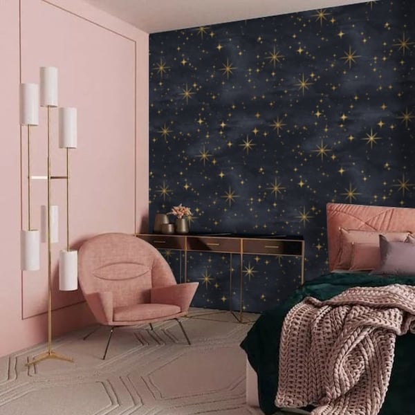 Star Peel and Stick Wallpaper, Ombre Wallpaper Night Sky Wallpaper, Navy Constellation Wallpaper, Dark Romantic Celestial Wall Decal #228
