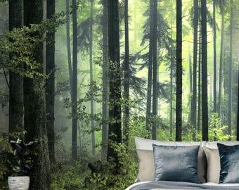 Dunkelgrüner nebliger Wald Wandbild, Wandbild zum Abziehen und Aufkleben, abnehmbares Schlafzimmer Dekor, Waldbäume