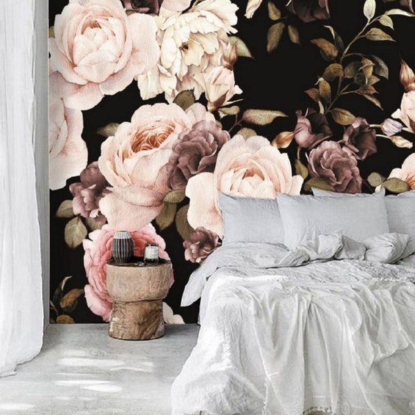 Black Floral Wallpaper Etsy