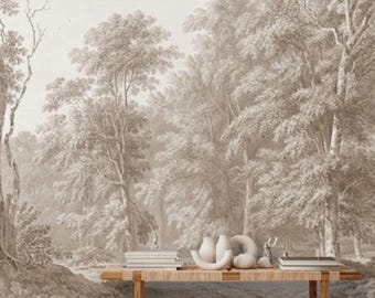 Light Beige Landscape Wallpaper, Removable Peel and Stick Prepasted, Neutral Woodsy Decor, Dreamy Vintage Forest Wall Mural for Lounge Room