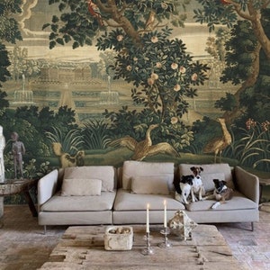 hand drawn verdure with chateau and garden tapestry wallpaper trees landscape peel and stick wallpaper mural wall art living room nature