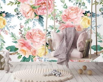 Oversized Pink Yellow Watercolor Peony Mural, Removable Peel and Stick Prepasted, Modern Grandma Decor, Flower Wallpaper for a Small Space