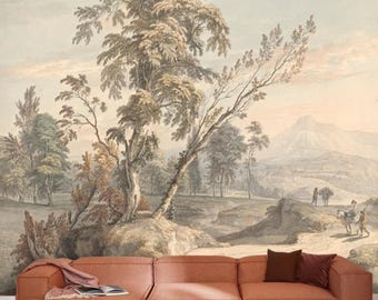 Gedämpfte Vintage Aquarell Wandbild Landschaft, Abnehmbarer Schäler und Stick Vorgeklebt, Landschaftsdekor, Panorama Tapete für Den