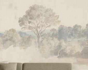 Muted Watercolor Landscape Trees Wall Mural Vintage, Removable Peel and Stick Prepasted, Classic Decor, Panoramic Wallpaper for Dining Room