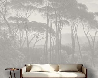 Vintage Italian Landscape Painting Wallpaper, Removable Peel and Stick Prepasted, Countryside Decor, Black and White Pine Tree Bedroom Mural