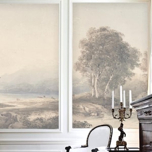 Papel pintado de paisaje en color beige neutro, mural de árbol vintage, papel pintado autoadhesivo, estilo campestre francés, decoración de pared con paisaje clásico.