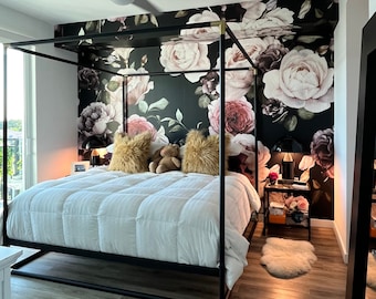 Peel and Stick Floral Wallpaper Mural Black Floral Wallpaper Large Floral Mural Dark Floral Vintage Wallpaper in size 11ft wide x 10ft high