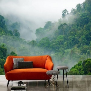 Misty Rainforest Wallpaper Mural Green, Removable Peel and Stick Prepasted, Boho Jungle Decor, Tropical Forest Wallpaper for Living Room