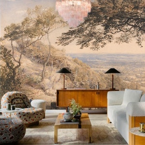 Vintage Pastoral Landscape Painting Wall Mural Wallpaper, Scenic Mountain View, Cottage Style Wallpaper Peel and Stick, Country Vibe #217