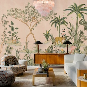 Carta da parati murale panoramica Pink Jungle Paradise, carta da parati Chinoiserie vintage, carta da parati tropicale suggestiva, fenicotteri stravaganti, scimmie e pantere