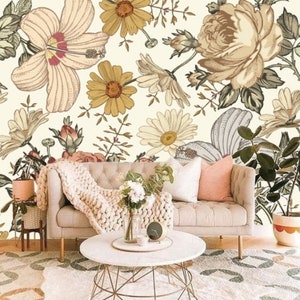 Peyton Vintage Floral Wallpaper Camila Vintage, Big Yellow Wildflower Wall Mural Removable, Large Floral Mural Flower Wallpaper Bedroom #187