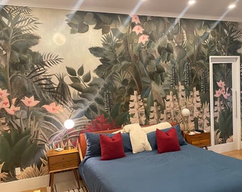 Tropical Jungle Garden inspired by Rousseau Wallpaper Mural Peel and Stick Green Exotic Flowers Wallpaper in size 158" wide x 98" high