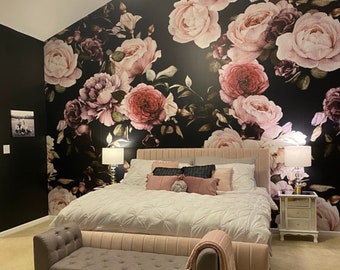 Peel and Stick Floral Wallpaper, Black Rose Wallpaper, Modern Wallpaper, Dark Vintage Floral Wallpaper Mural in size 144″ wide x 96″ high