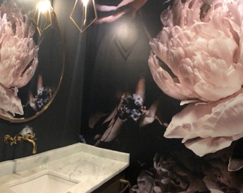 Dark Peony Wall Mural Wallpaper Peel and Stick, Dark Blossom Wallpaper, Dark Floral Removable Wallpaper in size 150" wide x 104" high