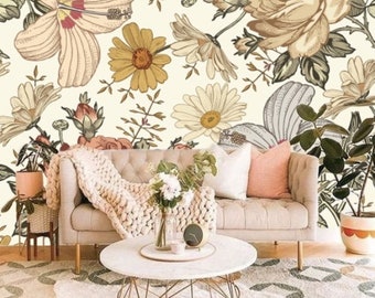 Peyton Vintage Floral Wallpaper Camila Vintage, Big Yellow Wildflower Wall Mural Removable, Large Floral Mural Flower Wallpaper Bedroom #187