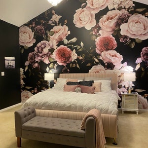 Peel and Stick Floral Wallpaper, Black Rose Wallpaper, Modern Wallpaper, Dark Vintage Floral Wallpaper Mural in size 10ft wide x 10ft high